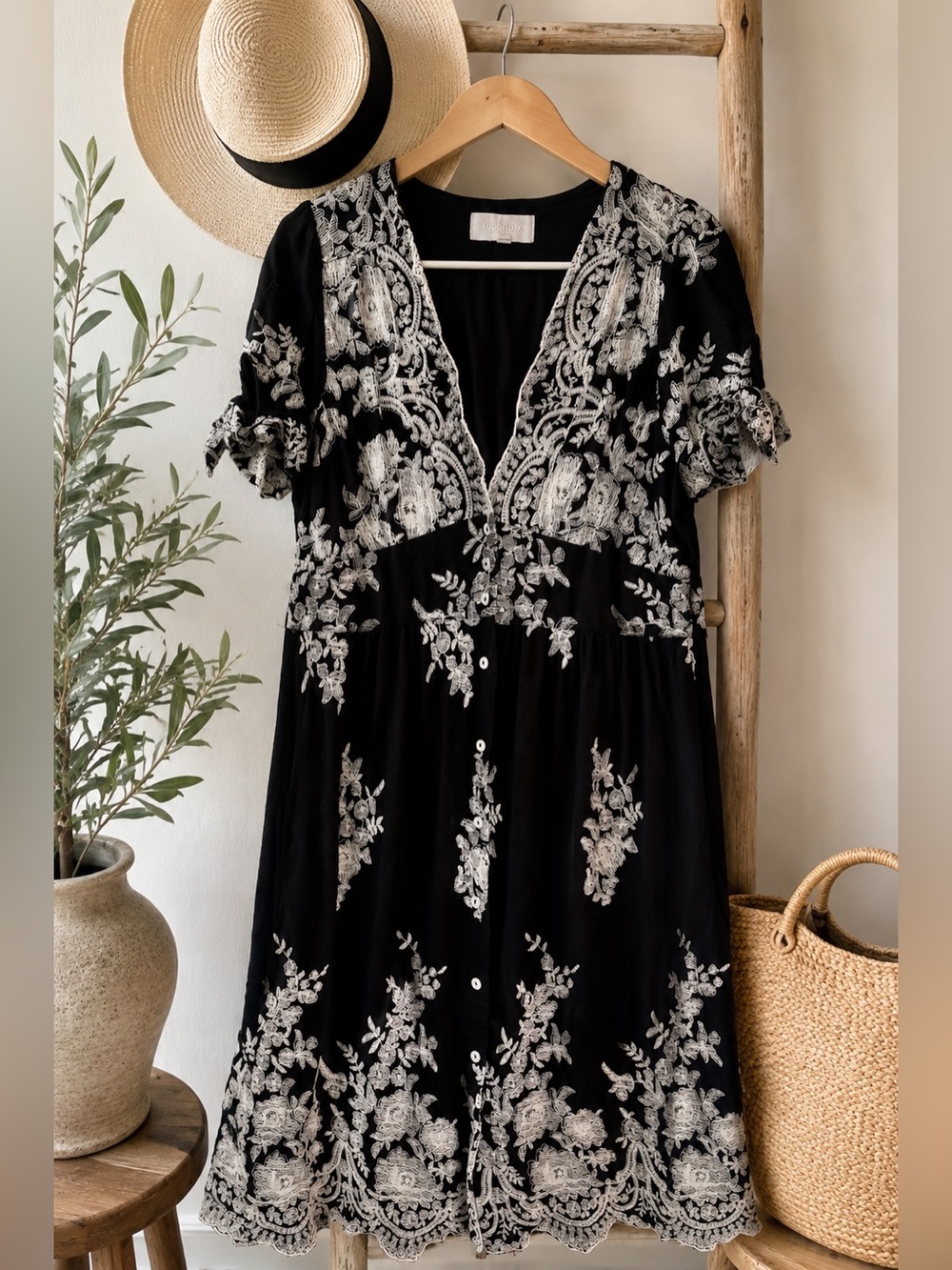 Superfoxx Black Embroidered Floral Midi Dress Women’s Large Boho Cottagecore